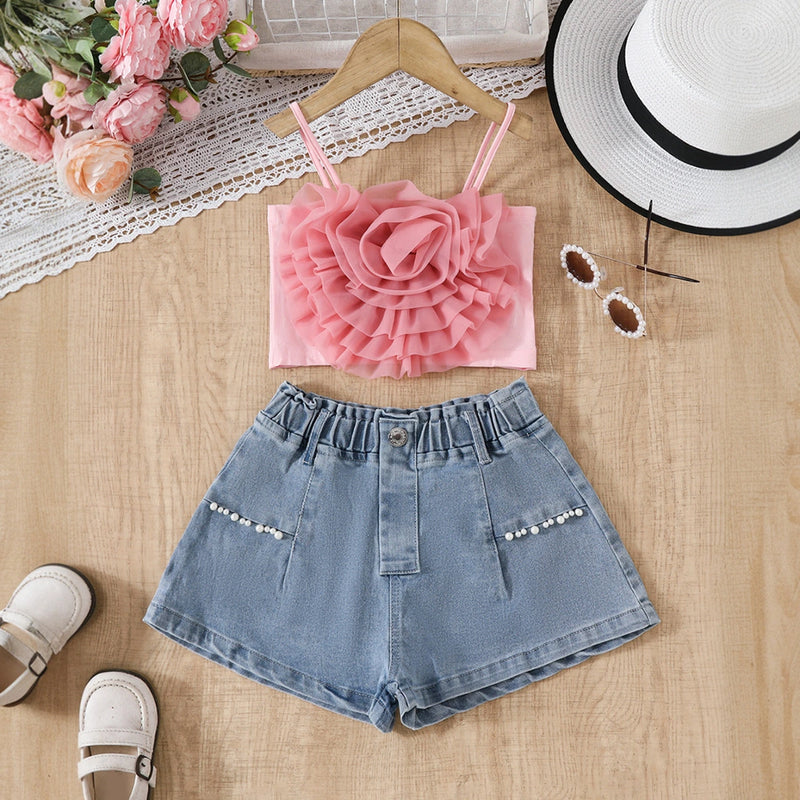 Girls Pink Large Flower Applique Crop Top With Denim Shorts Set Sets Pink 2-3 Y