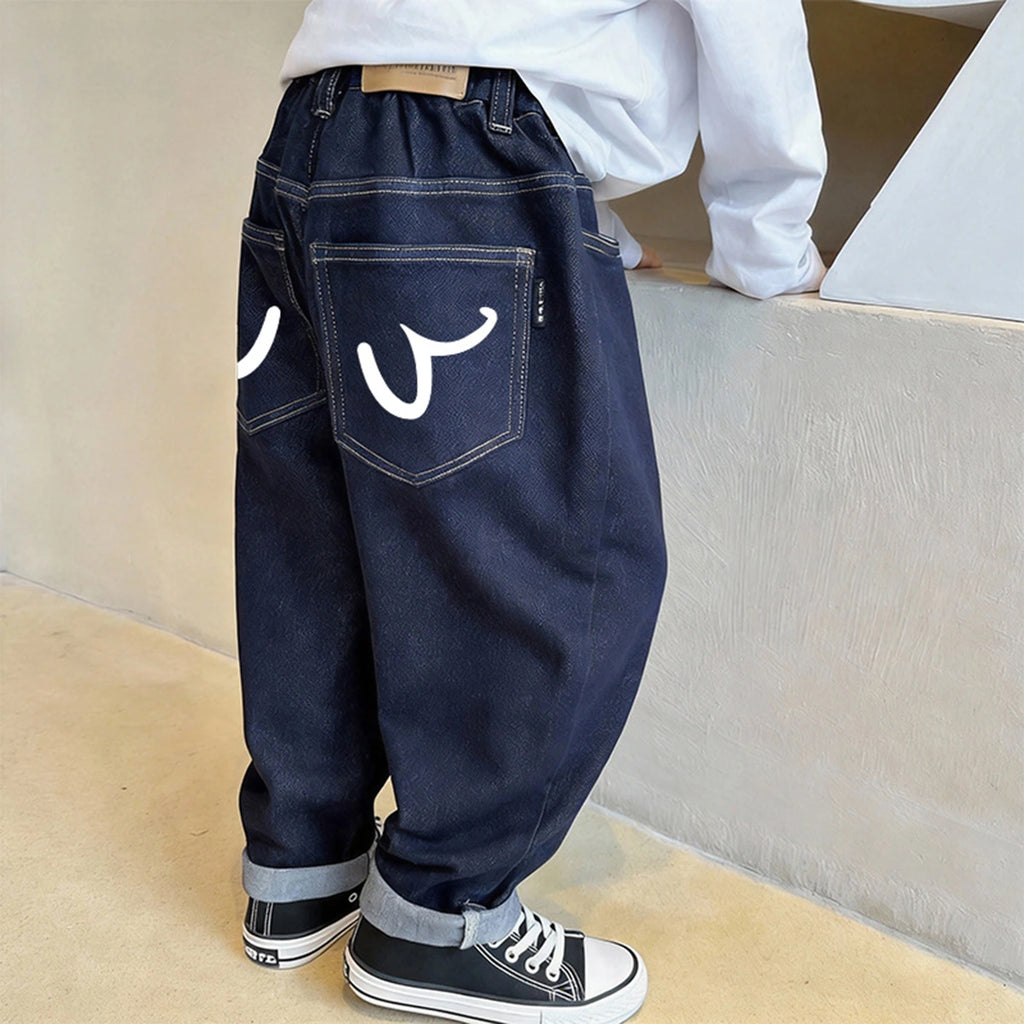 Boys Dark Blue Graphic Elasticated Denim Pants Pants