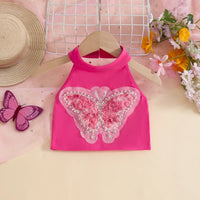 Girls Fuchsia Butterfly Applique Halter Top With Tiered Tulle Tutu Skirt Sets Sets