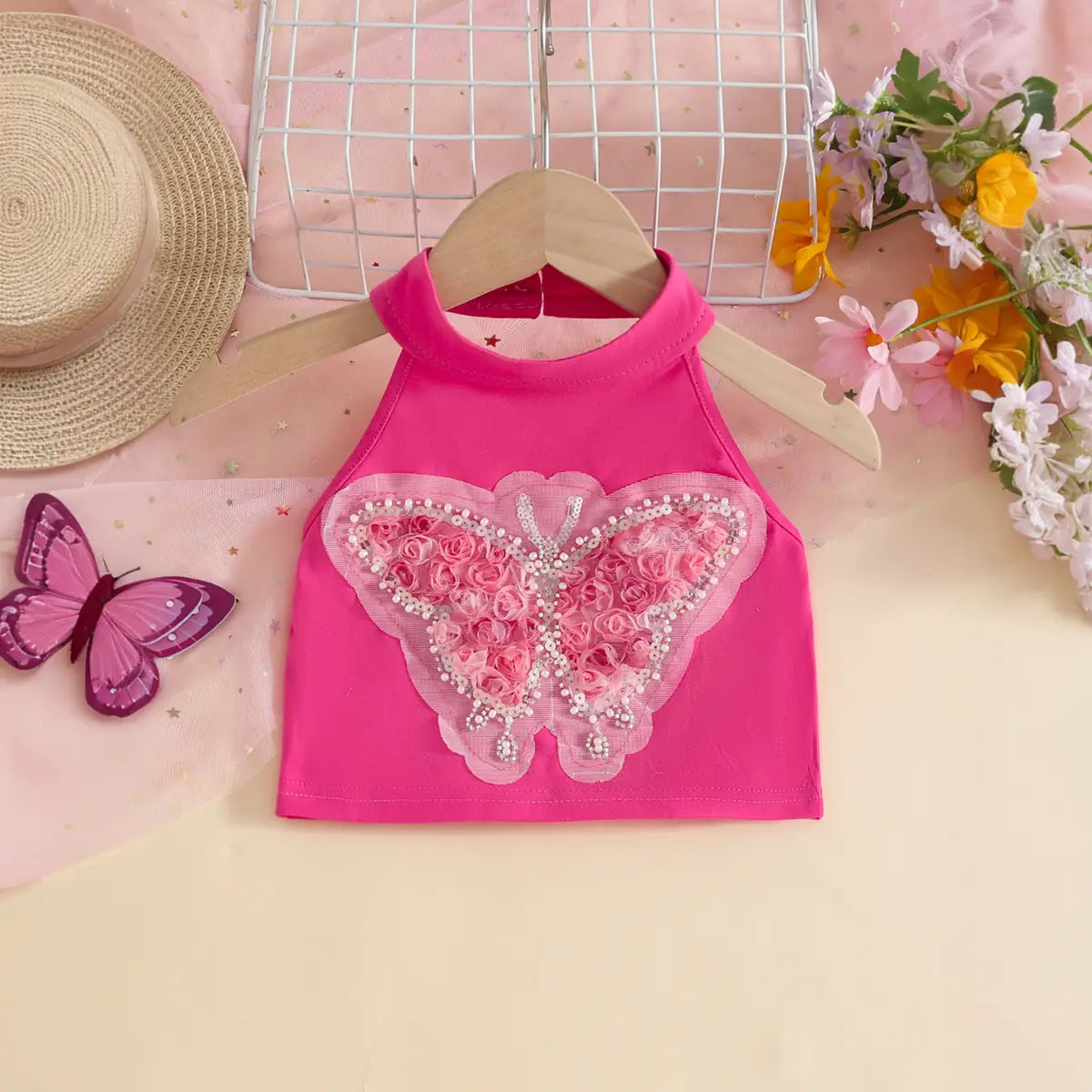 Girls Fuchsia Butterfly Applique Halter Top With Tiered Tulle Tutu Skirt Sets Sets