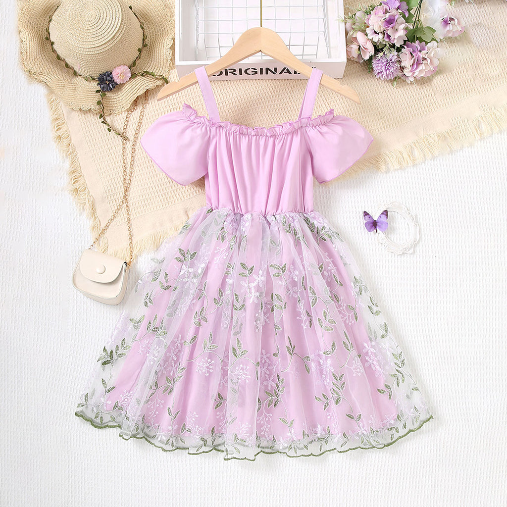 Girls Purple Off Shoulder Floral Embroidered Dress Casual Dresses