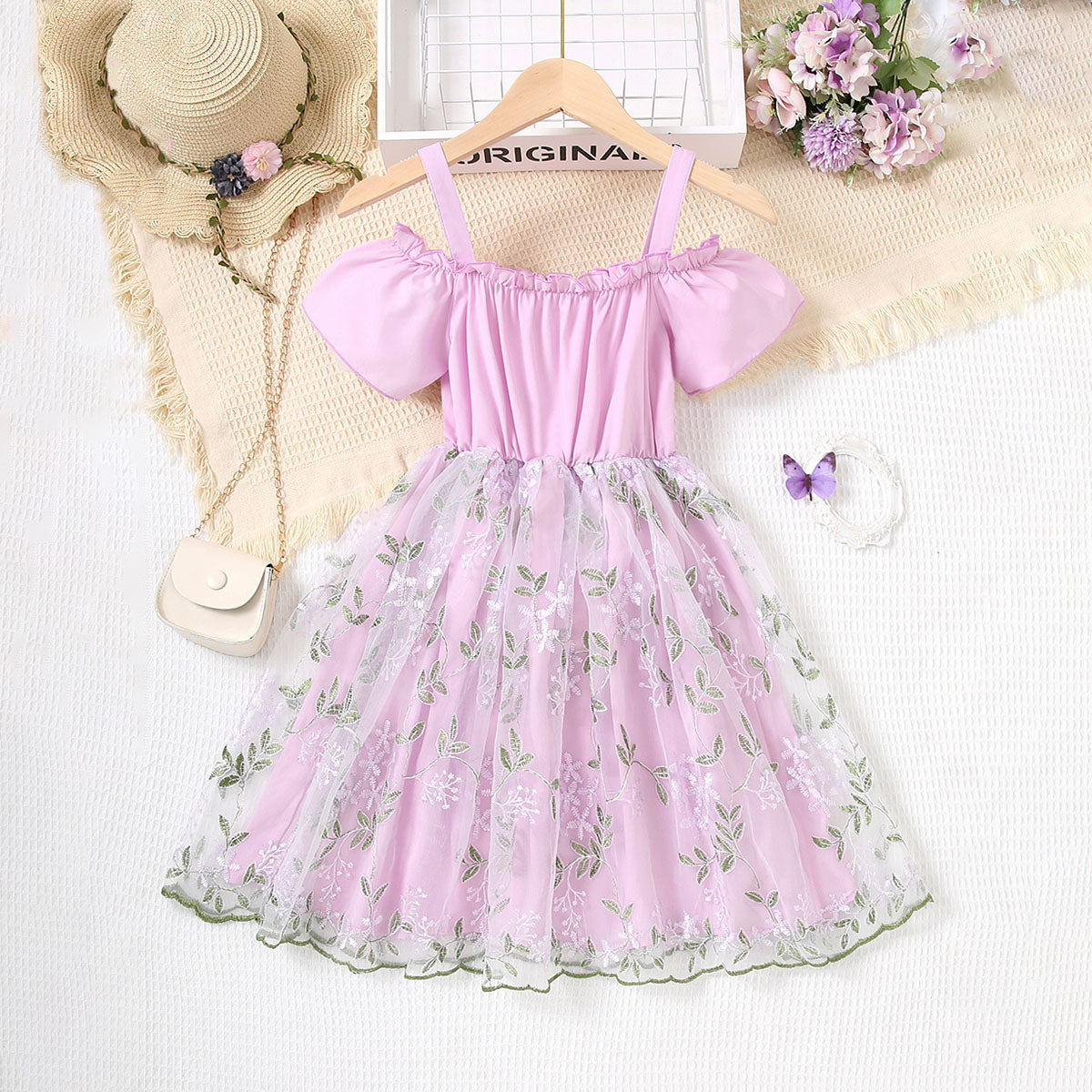 Girls Purple Off Shoulder Floral Embroidered Dress Casual Dresses