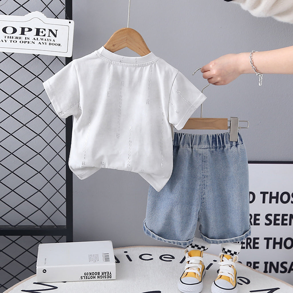 Boys White Short Sleeve Printed T-Shirt With Denim Shorts Set 2 pc. Sets