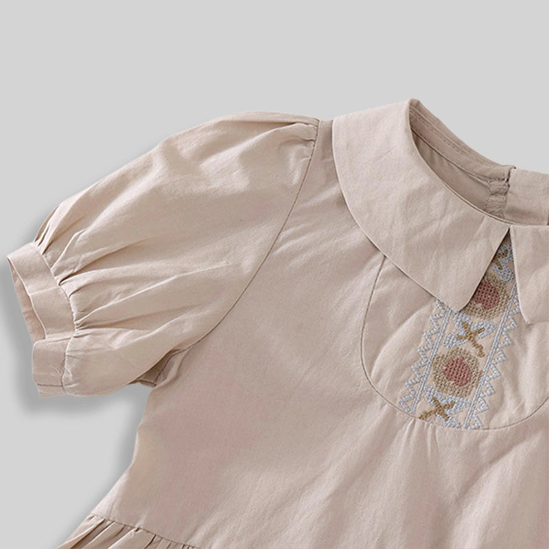 Girls Khaki Embroidered Short Sleeve Fit And Flare Dress Casual Dresses
