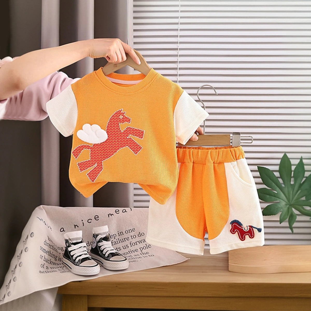 Boys Orange Horse Printed Short Sleeve T-Shirt With Elasticated Shorts Sets 2 pc. Sets Orange 1-2 Y