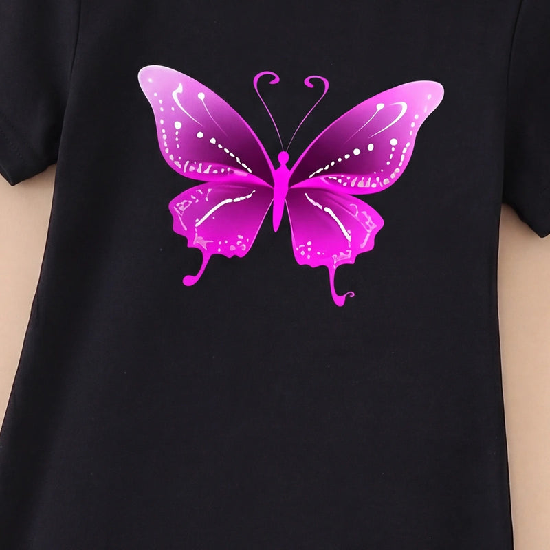 Girls Black Butterfly Print Short Sleeve T-Shirt Dress Casual Dresses