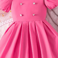 Girls Pink Pleated Fit & Flare Dress With Puff Sleeves Casual Dresses