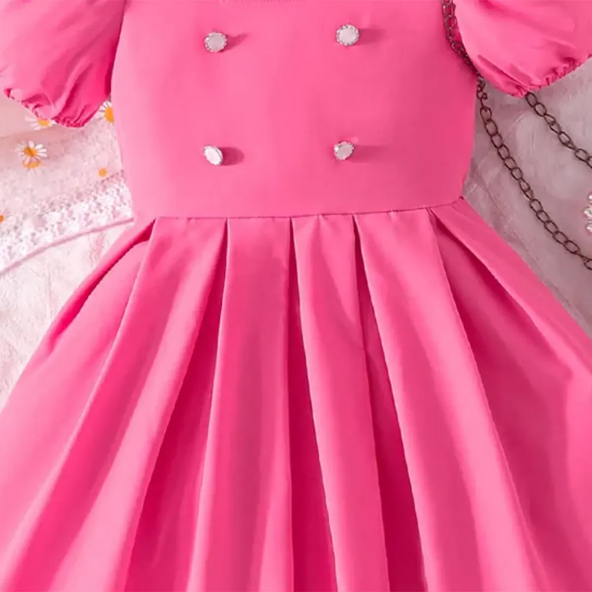 Girls Pink Pleated Fit & Flare Dress With Puff Sleeves Casual Dresses