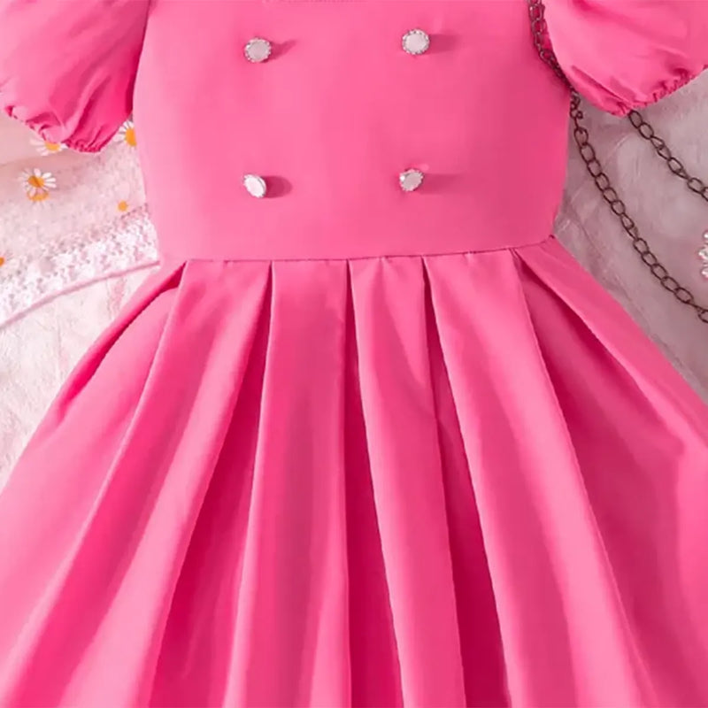 Girls Pink Pleated Fit & Flare Dress With Puff Sleeves Casual Dresses
