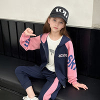 Girls Navy Blue Typographic Printed Hoodie Front Open Sweatshirt With Jogger Set 2 pc. Sets