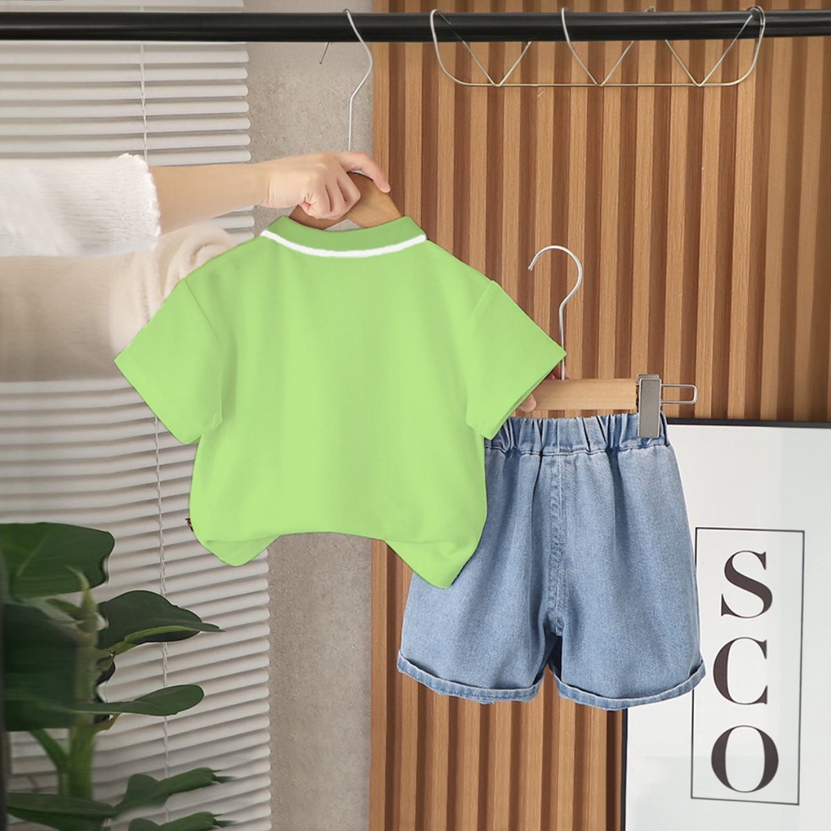 Boys Green Cartoon Graphic Polo T-Shirt With Denim Shorts Set 2 pc. Sets