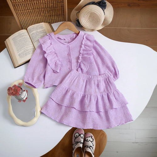 Girls Lavender Textured Ruffled Top with Tiered Skirt Sets 2 pc. Sets Lavender 1-2 Y