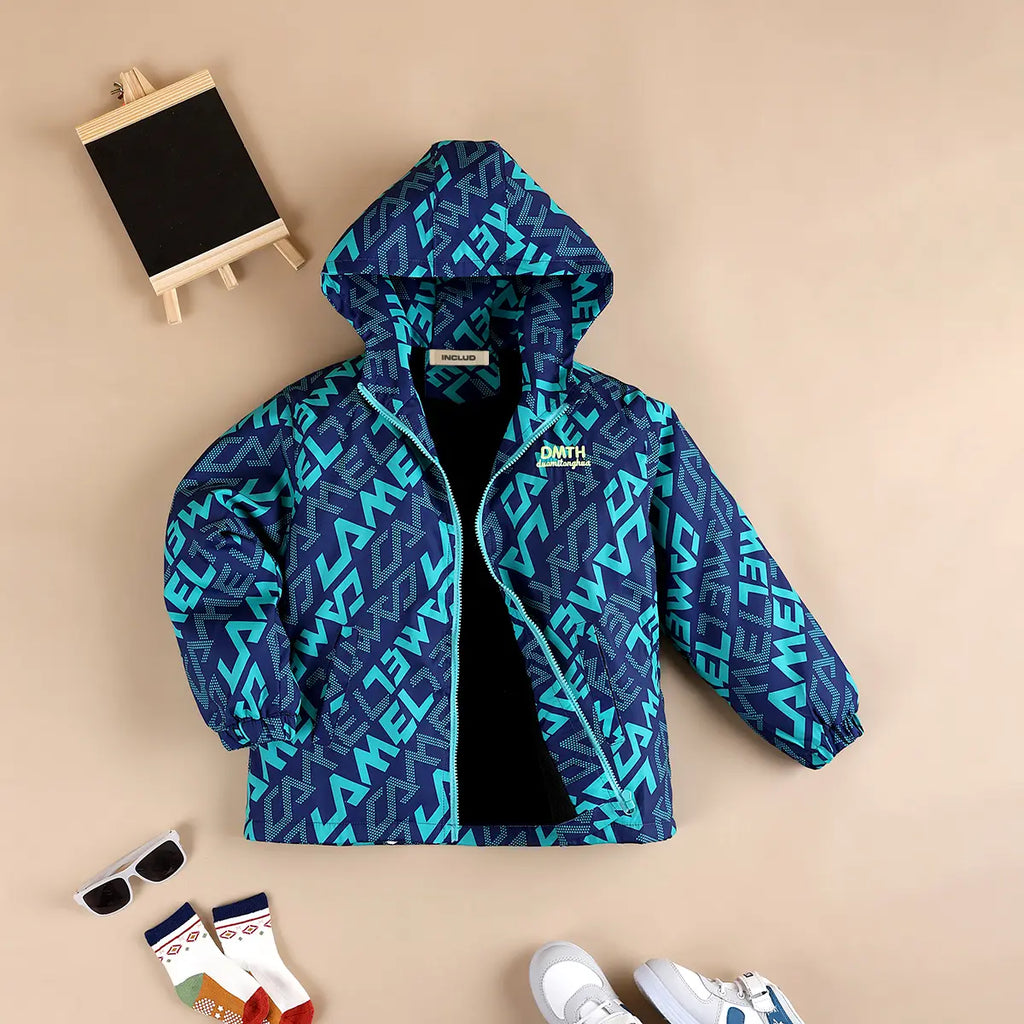 Boys Teal Typographic Printed Hooded Zipper Jacket Coats & Jackets