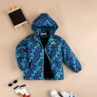Boys Teal Typographic Printed Hooded Zipper Jacket Coats & Jackets