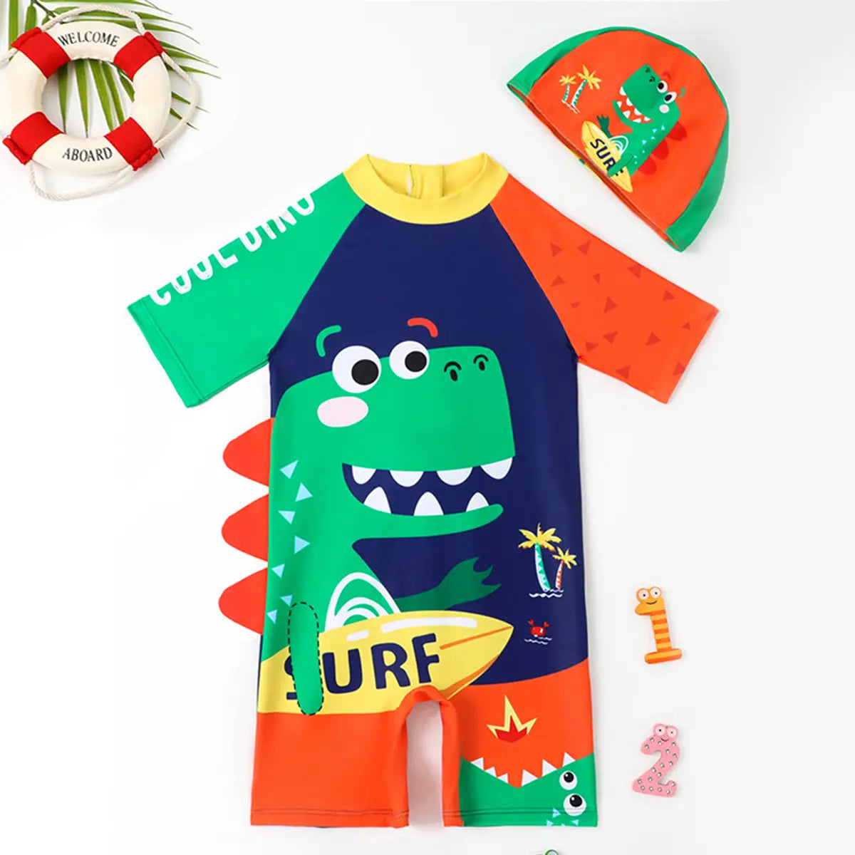Boys Multicolor Dinosaur Print Swimwear Bodysuit With Swim Cap Beachwear Multicolor 3-4 Y