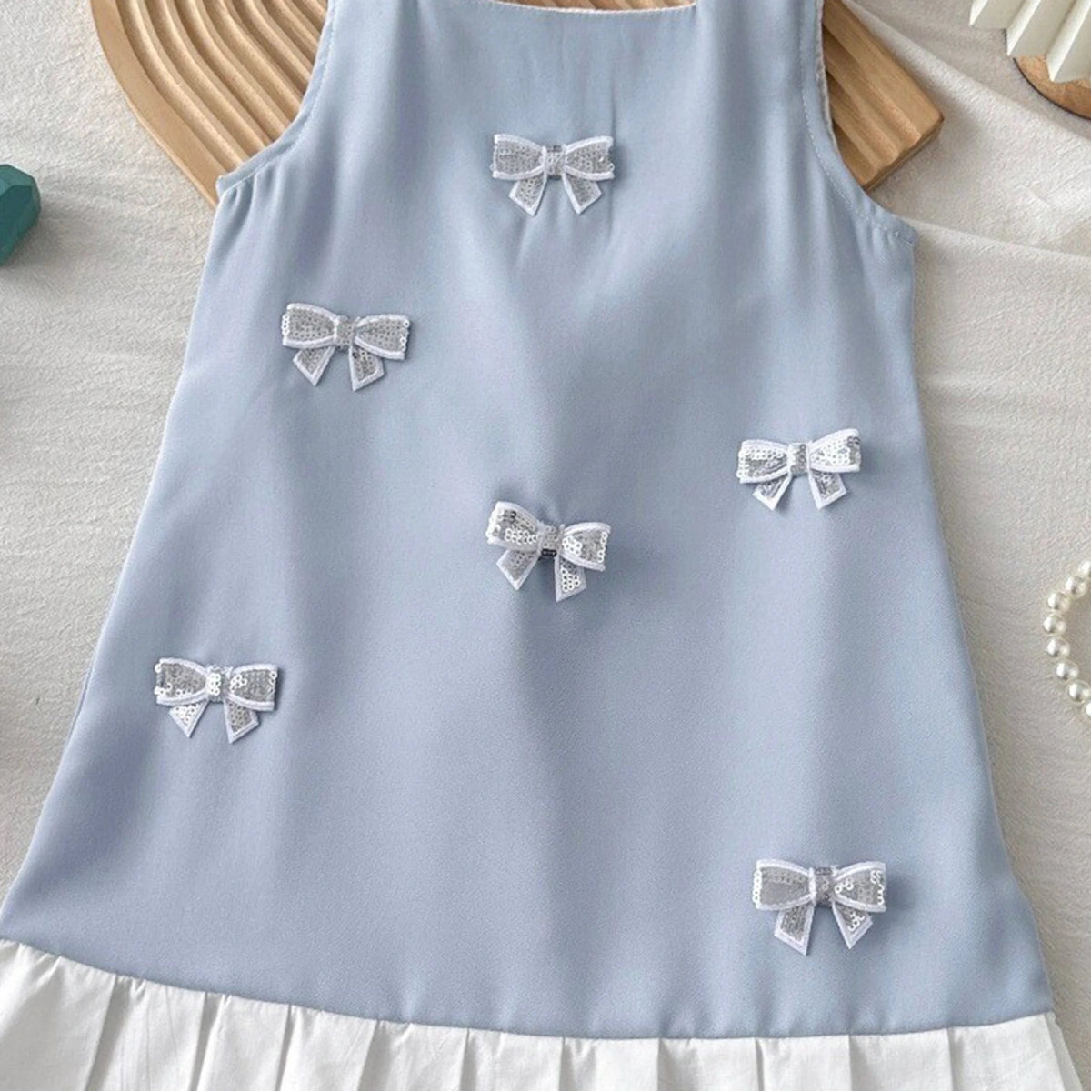 Girls Light Blue Bow Applique Sleeveless A-line Dress Casual Dresses
