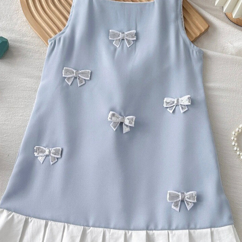 Girls Light Blue Bow Applique Sleeveless A-line Dress Casual Dresses