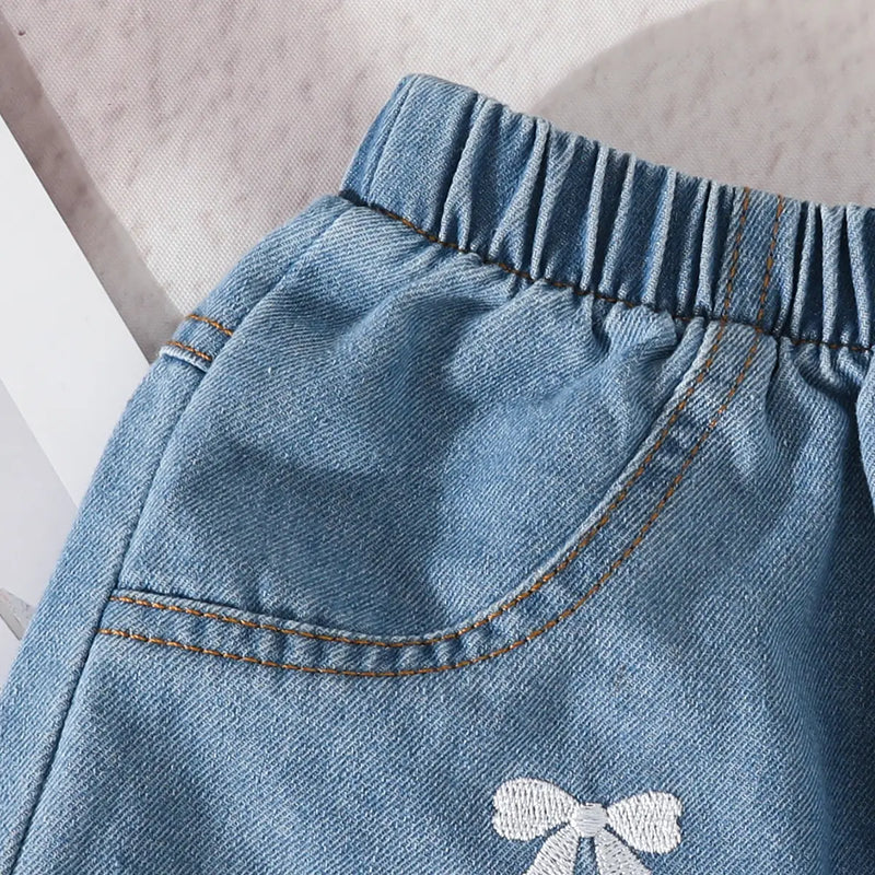 Girls White Bow Applique T-Shirt With Printed Denim Shorts Set Sets
