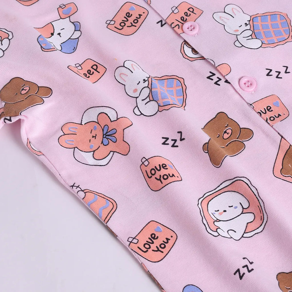 Girls Pink Bear Print Short Sleeve Shirt With Elasticated Pants Sets Sets