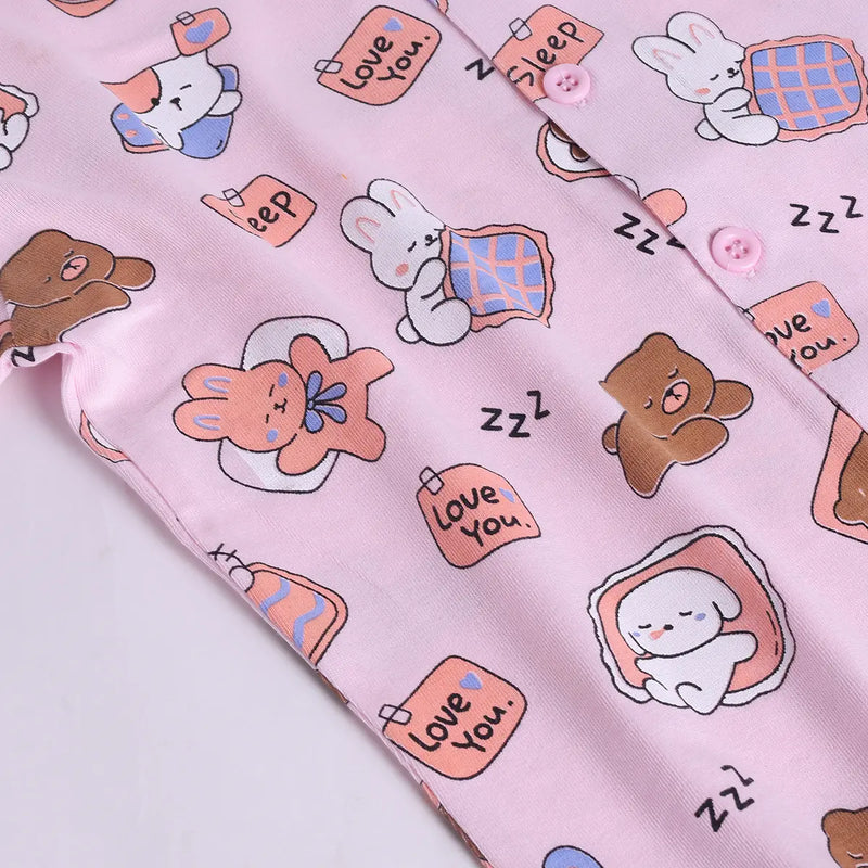 Girls Pink Bear Print Short Sleeve Shirt With Elasticated Pants Sets Sets