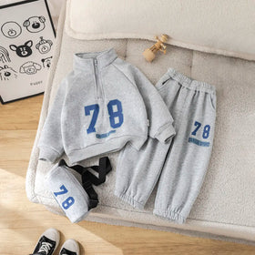 Boys Grey Alphanumeric Printed Regular Sweatshirt With Trouser Sets 3 pc. Sets Grey 1-2 Y