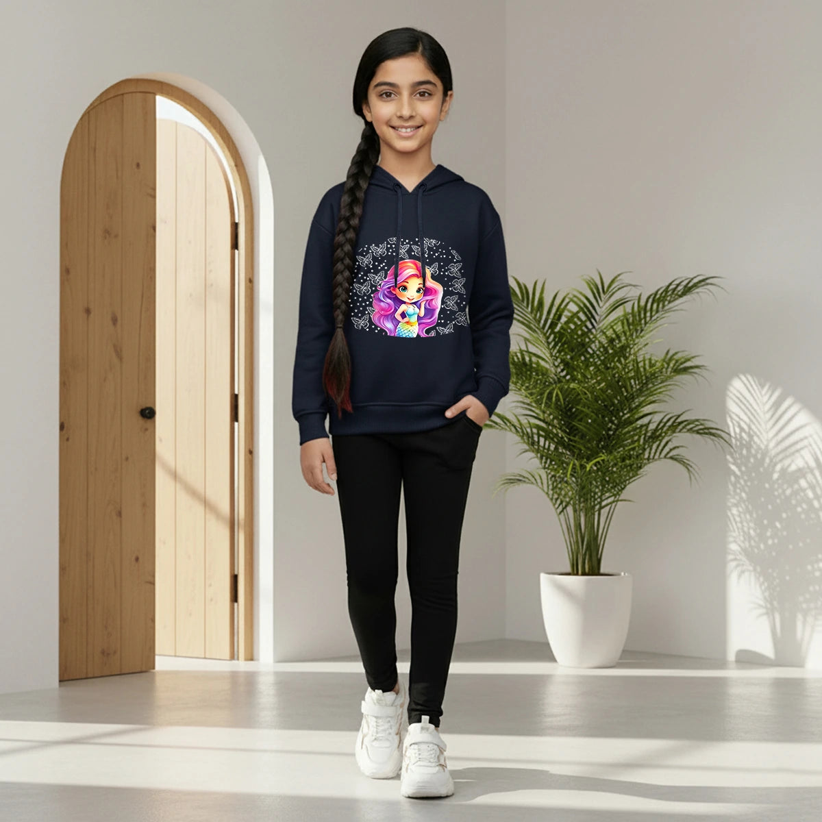 Girls Navy Blue Graphics Hooded Sweatshirt Sweatshirts & Hoodies Navy Blue 6-7 Y