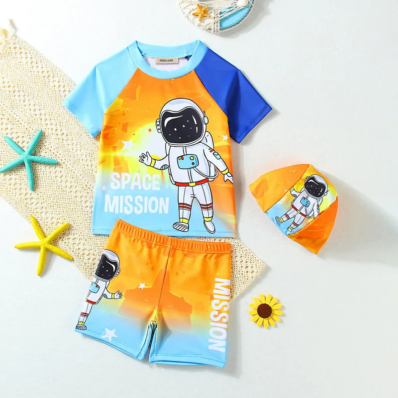Boys Orange Space Themed Short Sleeves T-Shirt & Shorts With Cap Swimsuit Sets Sets Orange 1-2 Y