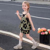 Girls Olive Green Floral Print Peplum Top With Shorts Sets 2 pc. Sets