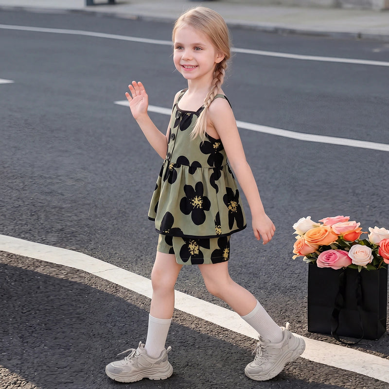 Girls Olive Green Floral Print Peplum Top With Shorts Sets 2 pc. Sets