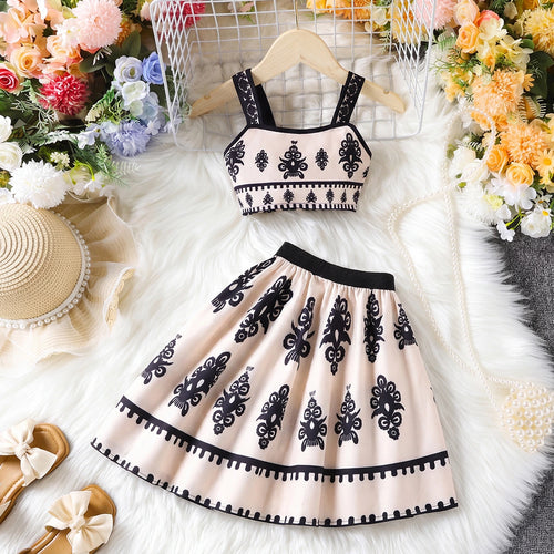 Girls Beige Ethnic Print Sleeveless Top With Skirt Sets 2 pc. Sets Beige 7-8 Y