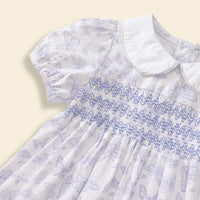 Girls White Butterfly Printed Smocked Fit & Flare Dress Casual Dresses
