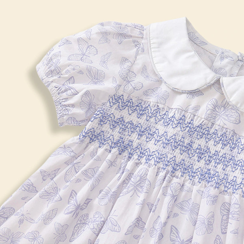 Girls White Butterfly Printed Smocked Fit & Flare Dress Casual Dresses
