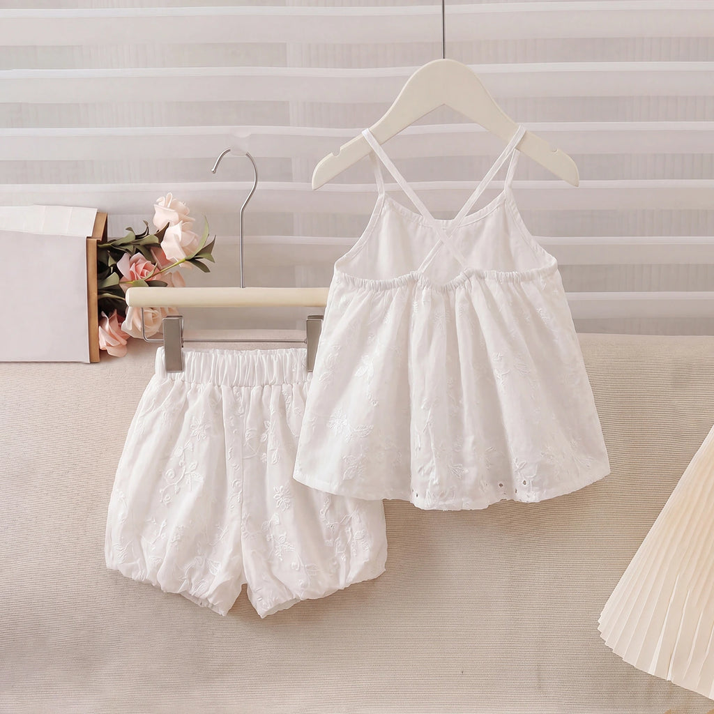 Girls White Floral Embroidered Sleeveless Top With Shorts Sets 2 pc. Sets