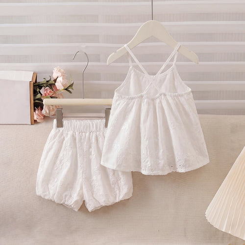 Girls White Floral Embroidered Sleeveless Top With Shorts Sets 2 pc. Sets
