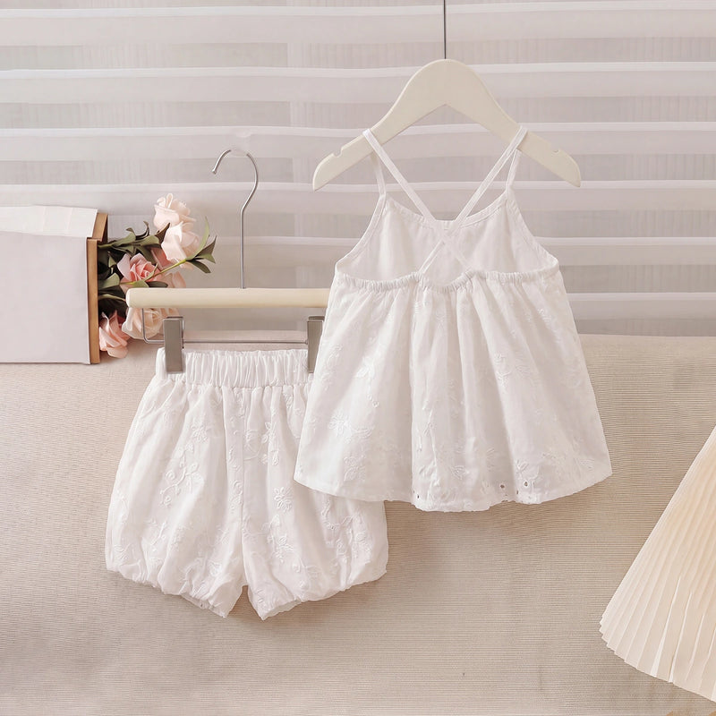 Girls White Floral Embroidered Sleeveless Top With Shorts Sets 2 pc. Sets