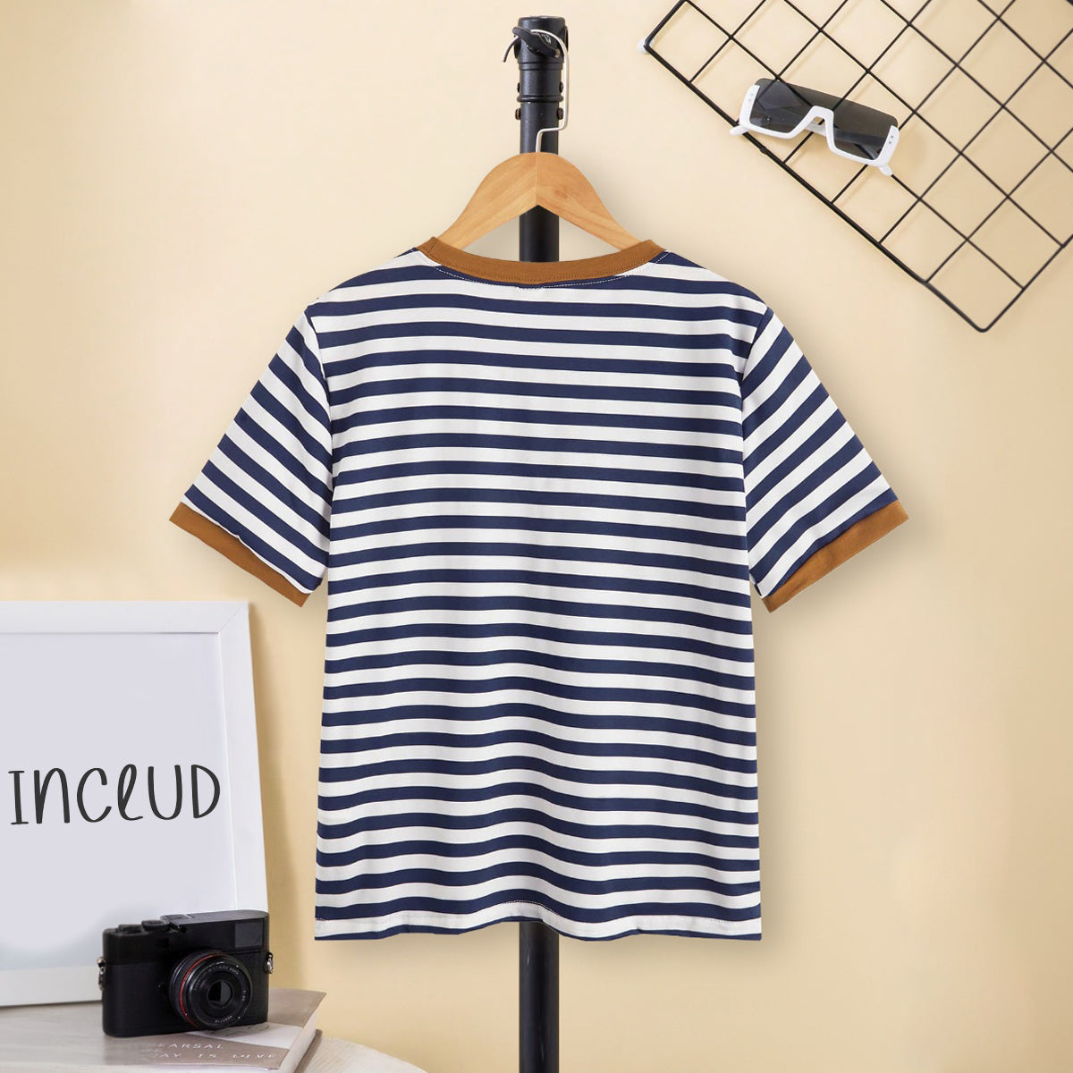 Boys Black Short Sleeves Blue And White Striped T-Shirt Tshirts