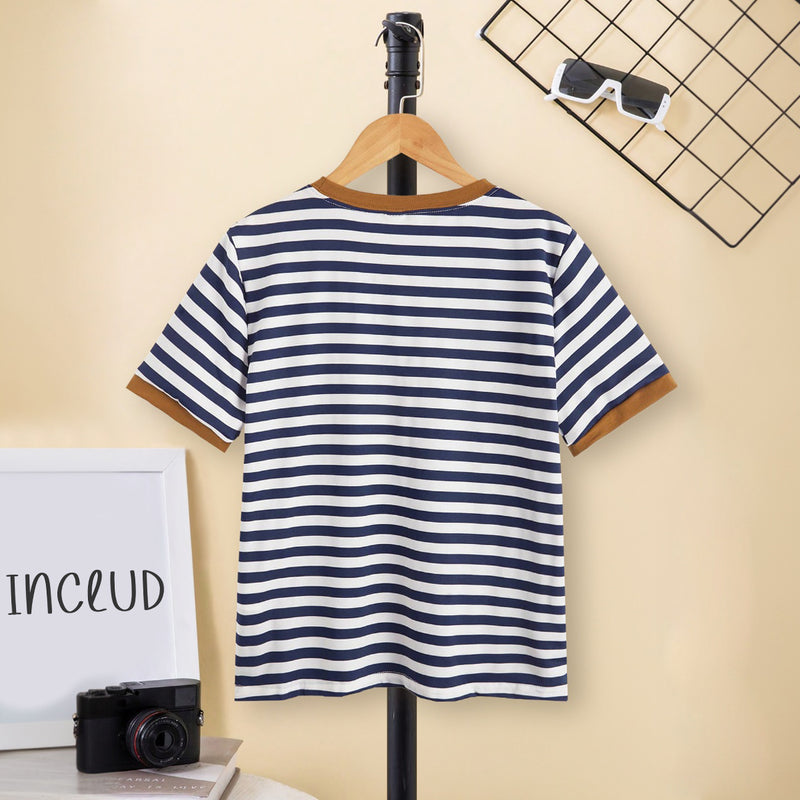 Boys Black Short Sleeves Blue And White Striped T-Shirt Tshirts