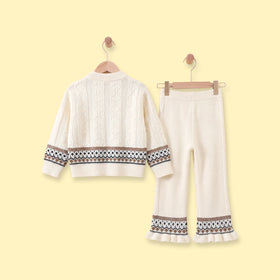Girls Off White Geometric Knitted Cardigan & Pants Co-ord Sets Sets