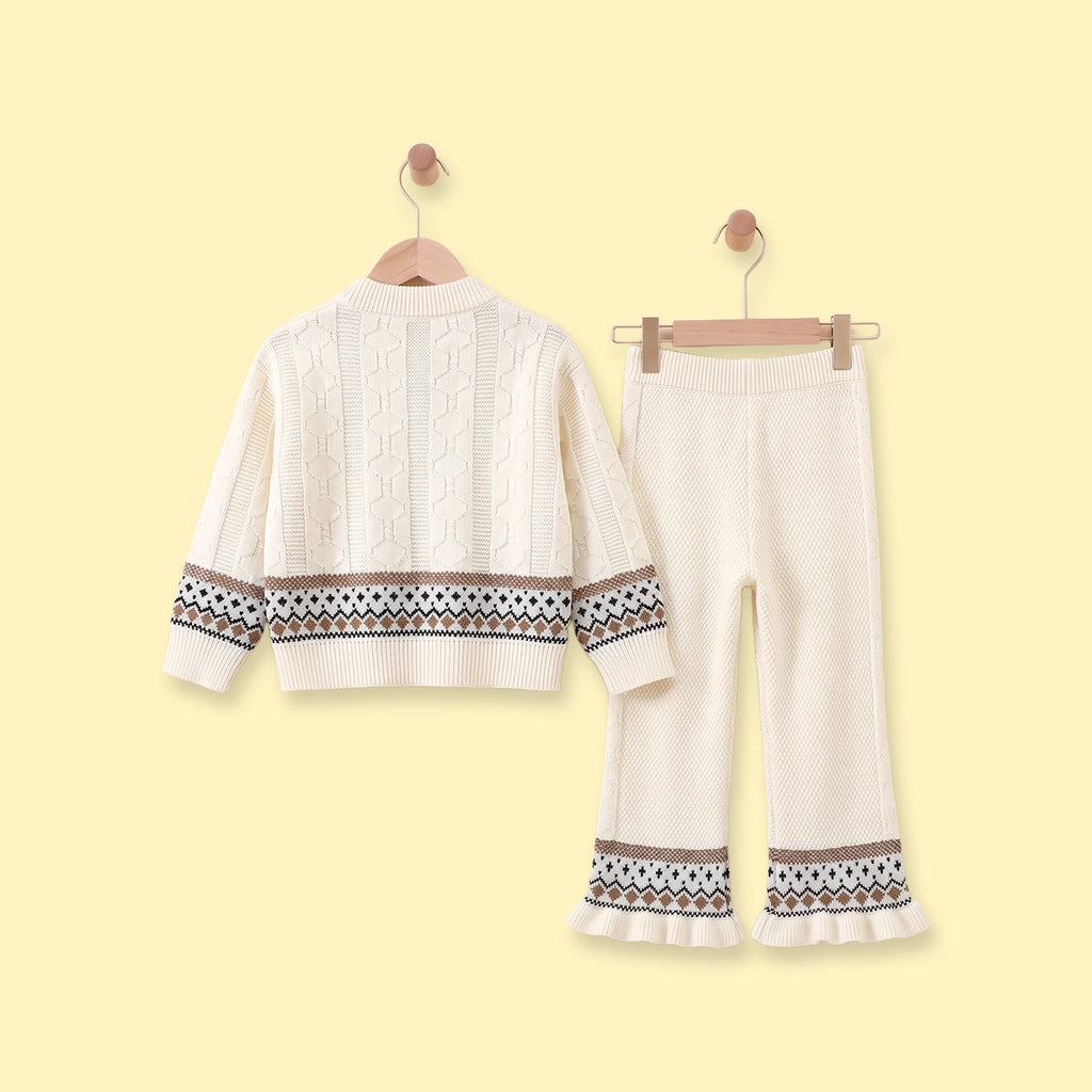 Girls Off White Geometric Knitted Cardigan & Pants Co-ord Sets Sets