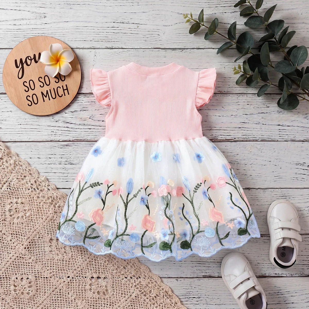 Girls Pink Floral Embroidered Fit And Flare Dress With Bow Details Casual Dresses