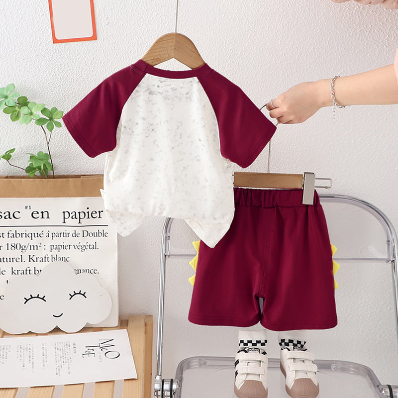 Boys Maroon Raglan Sleeves Dinosaur Printed T-Shirt With Shorts Set 2 pc. Sets