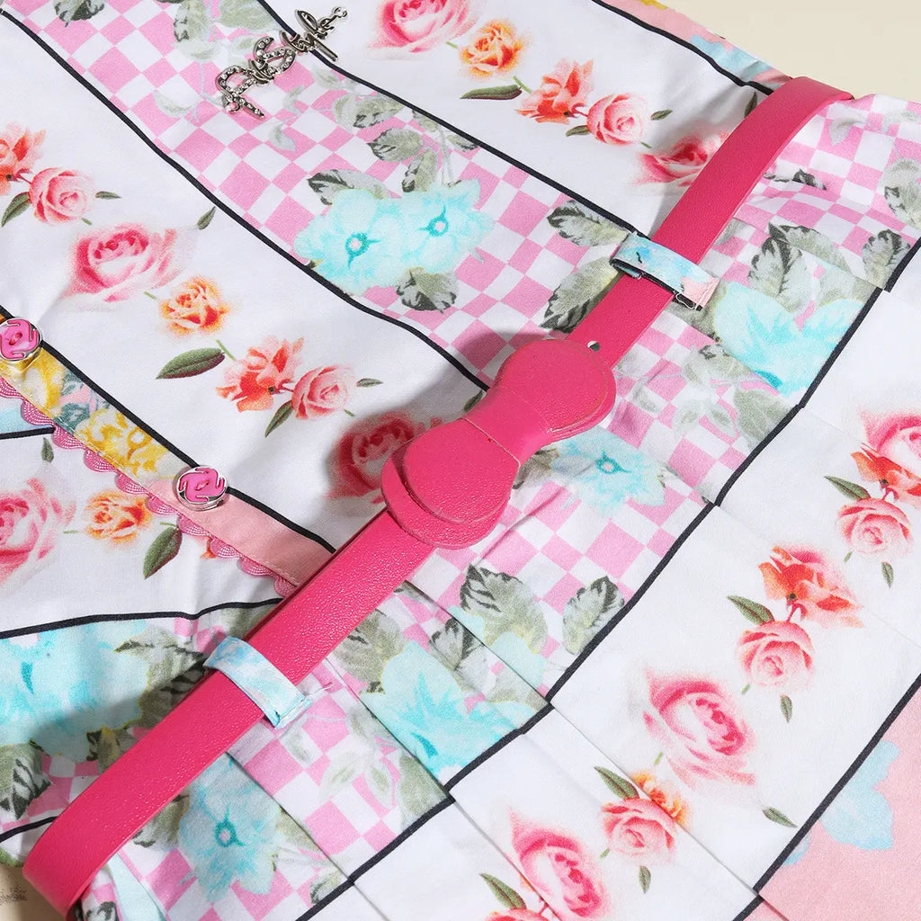 Girls Multicolor Floral Short Sleeve Fit & Flare Dress With Belt Casual Dresses