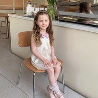 Girls Cream Bow Applique Sleeveless A-Line Dress Casual Dresses