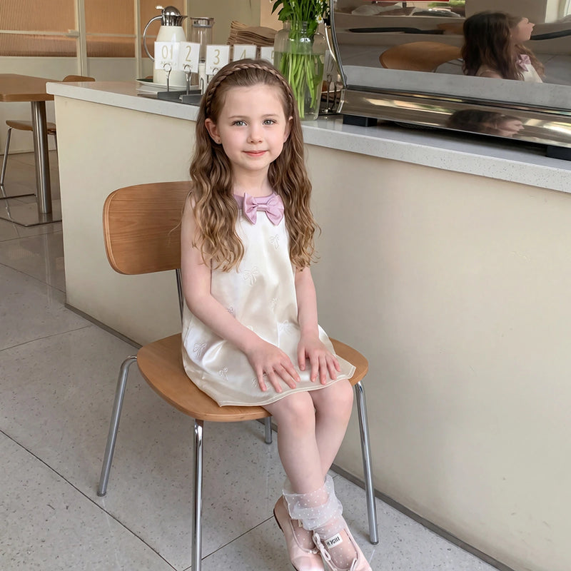 Girls Cream Bow Applique Sleeveless A-Line Dress Casual Dresses