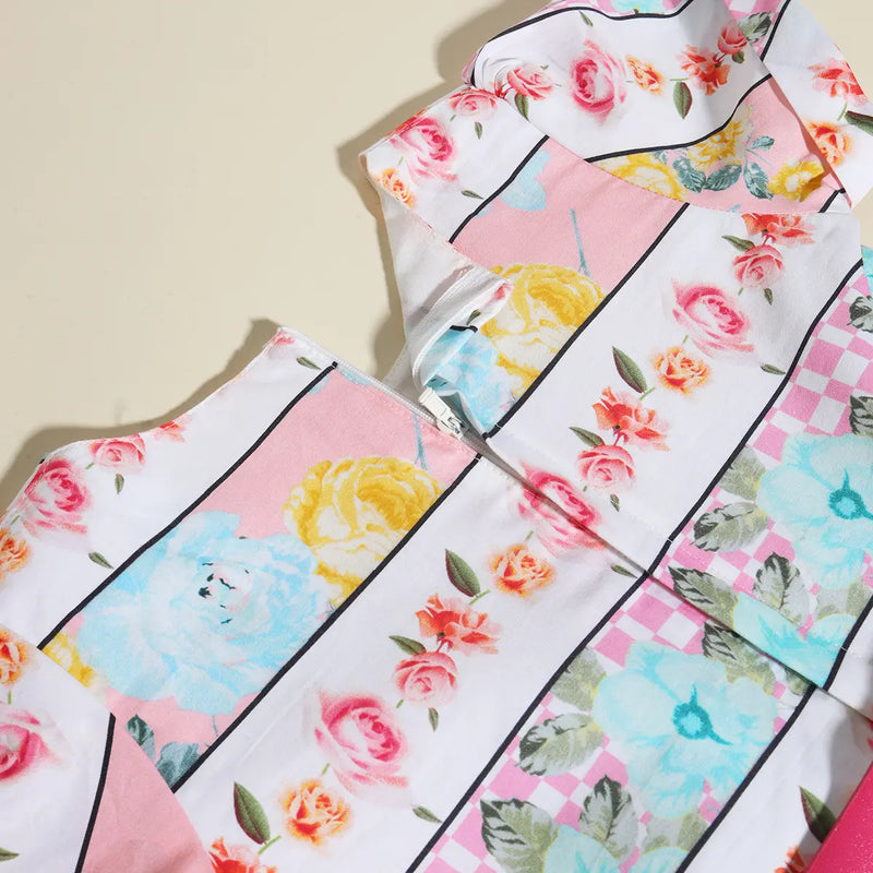 Girls Pink Floral Short Sleeve Fit & Flare Dress With Belt Casual Dresses