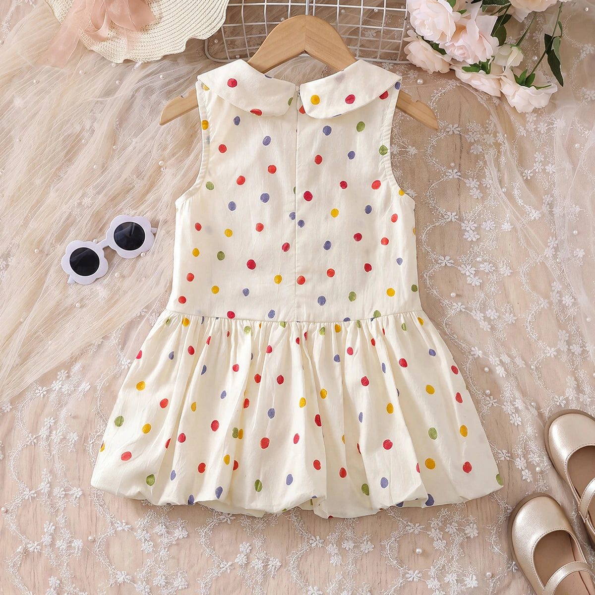 Girls Off White Polka Dot Print Peter Pan Collar Balloon Dress Casual Dresses