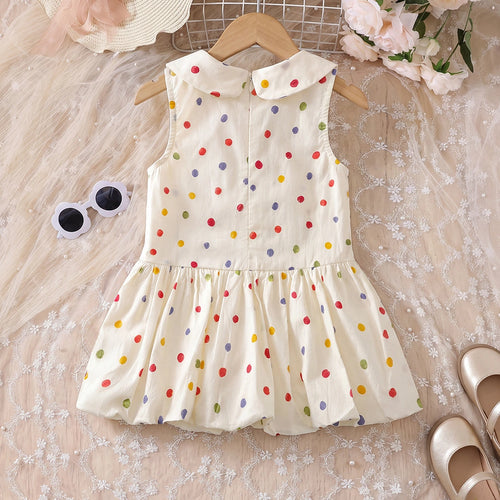 Girls Off White Polka Dot Print Peter Pan Collar Balloon Dress Casual Dresses