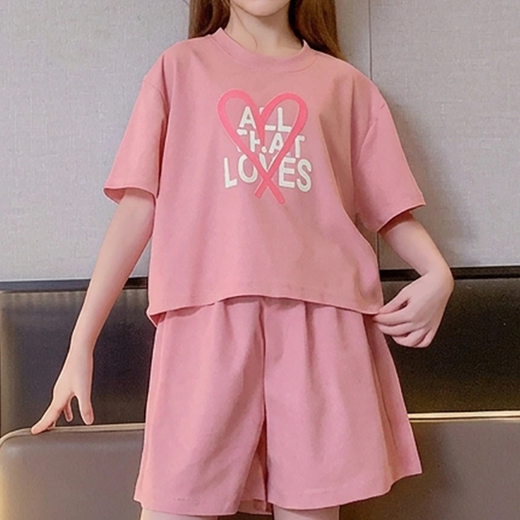 Girls Pink Heart Print T-Shirt With Shorts Sets Sets