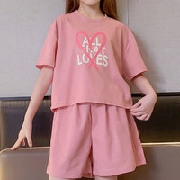 Girls Pink Heart Print T-Shirt With Shorts Sets Sets