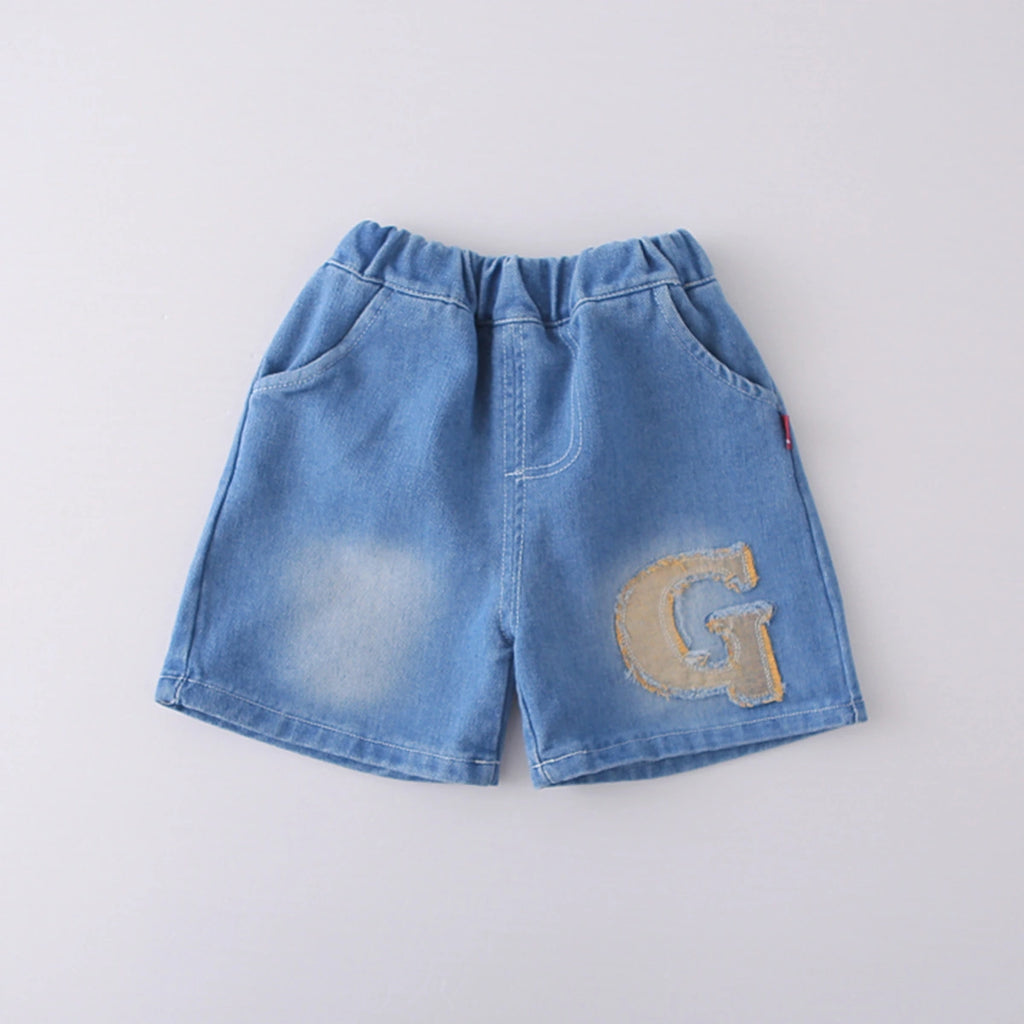 Boys Dark Grey Letter G Printed T-Shirt With Denim Shorts Set Sets